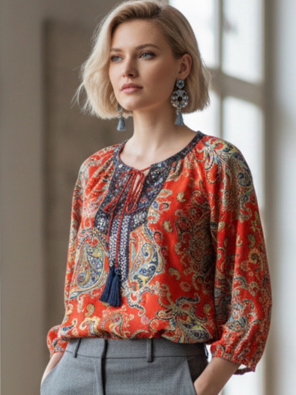 Paisley Tie-Front Peasant Blouse in Rich Red